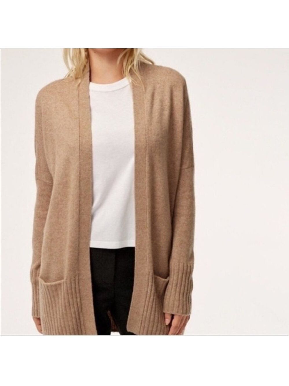 Aritzia Talula Lenox Cashmere Blend Open Front Cardigan Sweater in Tan Sz XXS